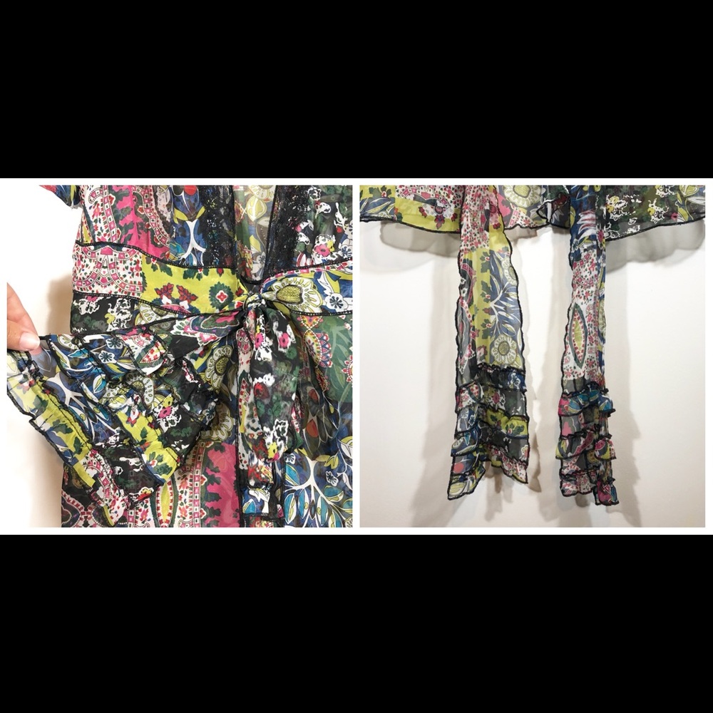 CAbi sheer paisley ruffle tie front kimono top. M - Picture 4 of 8